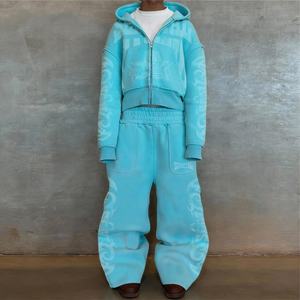 Ensemble de survêtements en coton personnalisés en gros, imprimé effet vieilli, délavé à l'acide, avec sweat à capuche zippé et pantalon de survêtement, coupe oversize pour hommes - Product Image 3