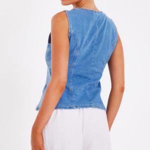 OEM High Quality Summer Casual <b>Women</b> Jean Vest Sleeveless Button Front Fitted <b>Denim</b> <b>Waistcoat</b> - Product Image 2