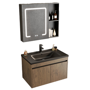 Modern Bathroom <b>Vanity</b> <b>With</b> Led <b>Mirror</b> Ceramic Basin 60 In Floor Standing Dark Wood Finish Contemporary Design - Product Image 2