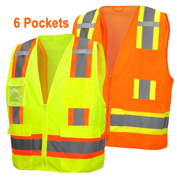 6 Pockets Ansi Class 2 High Visibility Hi Viz Custom Logo Construction Worker Vis Work Wear Reflective Safety Vest Clothing