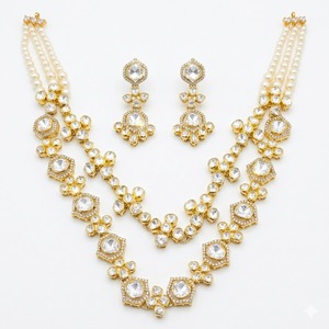Traditional Pearl Silver Plated Moissanite Strand Necklace Set Bridal Jewelry with Earrings for Wedding <b>Gift</b> Women - Product Image 4