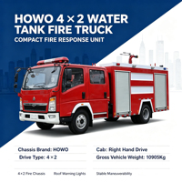 Camion de pompiers HOWO 4CBM à conduite à droite, moteur Cummins ISF3.8 141P, réservoir d'eau de 4000L, pompe CB10/30, canon PS30, Euro 3 Diesel 4x2