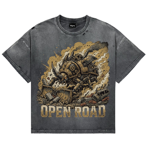 Camisetas de algodón transpirables de manga corta oversize para hombre con estampado de letras y diseño de escarabajo mecánico punk, estilo vintage con lavado ácido. - Product Image 1