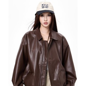 2026 Early Autumn New Women's Brown PU Leather <strong>Jacket</strong> <strong>Petite</strong> Hong Kong Style Vintage <strong>Biker</strong> Moto Casual Fashion Outerwear Coat - Product Image 1