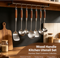 Ensemble de 6 ustensiles de cuisine en acier inoxydable 304 avec manche en bois de rose, finition satinée, spatule, louchette, écumoire, trou de suspension