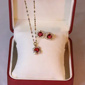 Vintage Sweet Ruby Zircon Crystal Pendant Titanium Steel Chain Bridal Jewelry Set Women's Accessories New 2023