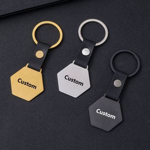 Genuine Blank Hexagon Stainless Steel Leather <b>Custom</b> Laser Engraved <b>Keychain</b> - Product Image 1