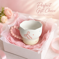 Tasse à café en céramique peinte à la main de 400 ml avec anse perlée rose, bord ondulé, tasse à eau, tasse de petit-déjeuner mignonne, cadeau pour filles