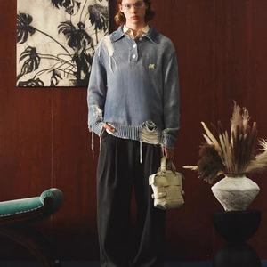 Suéter de Punto con Cuello Polo, Lavado y Teñido para Darle un Aspecto Desgastado con Orificios y Flecos, Precio de Fábrica - Product Image 6