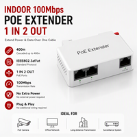 Extensor PoE de 100Mbps para interiores, 1 entrada y 2 salidas, compatible con cámaras IP PoE y cámaras de seguridad.