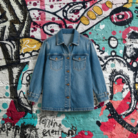 Jaket Denim Wanita Biru Tua Vintage Oversized Lengan Panjang Ramah Lingkungan Tahan Angin Kancing Tiga Baris Katun Solid