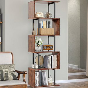 Modern <strong>Tall</strong> S-Shaped Geometric Bookcase Four-Layer Wood Metal <strong>Bookshelf</strong> for Home Office Living Room School/Dining Decorative - Product Image 1