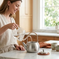 Tetera de Acero Inoxidable Apta para Inducción con Asa de Ratán, Tetera de Estilo Zen de Lujo con Infusor para Hervir Agua