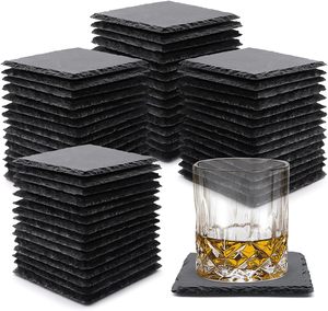 <span class=keywords><strong>Sous</strong></span>-verres en ardoise noire mate, formes carrées, rondes, en cœur ou hexagonales, pour bureau ou café, avec bords coupés ou bruts – Vente en gros usine - Product Image 1