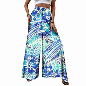 Hawaii Polynesian Tribal Tonga Samoa Tapa Estampado de flores Estilo étnico personalizado Pantalones de pierna ancha elegantes para mujeres - Product Image 1