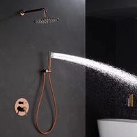 Ensemble de douche mural encastré moderne Or Rose avec système de jets de massage et de pluie, robinetterie et kit de finition combiné avec douchette à main
