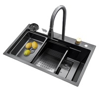 Évier de cuisine multifonction fait à la main, cascade en acier inoxydable avec robinet de pluie volante