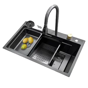 Multi-Function Handmade Kitchen Sink Sets Stainless Steel Waterfall Kitchen Sink With Flying Rainfall Faucet