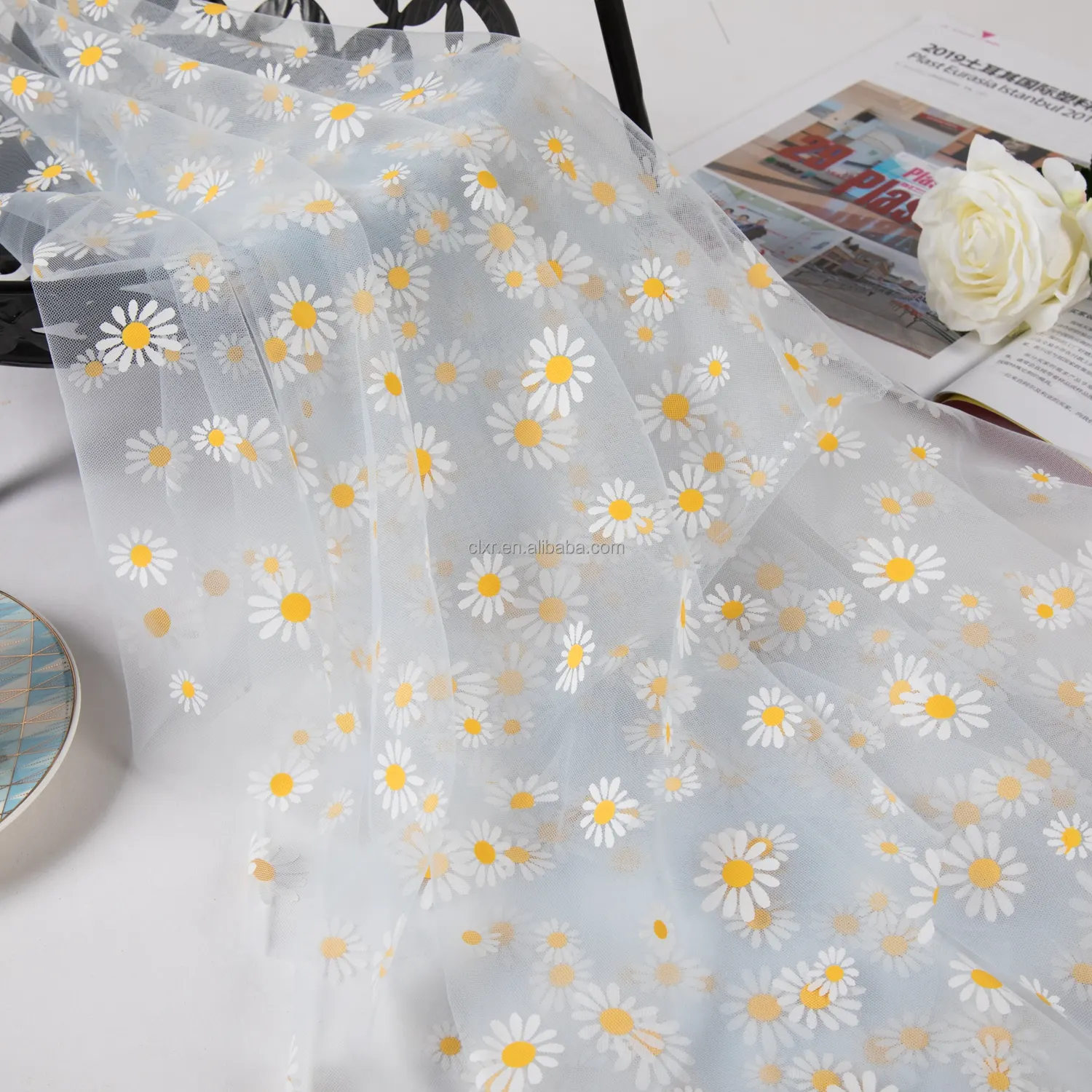Vải Tuyn Poly Long Lanh Thêu Hoa Hướng Dương Đẹp Mới 2023 Cho Váy May Mặc