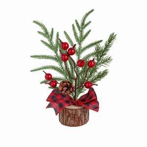Décoration de table de Noël, base en bois, mini <span class=keywords><strong>sapin</strong></span> de Noël, ornement de bureau, branches de pin artificielles, <span class=keywords><strong>rouge</strong></span> et <span class=keywords><strong>blanc</strong></span> - Product Image 5
