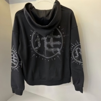 Sweat-shirt à capuche zippé oversize avec motif soleil en strass thermocollés, streetwear décontracté noir à manches longues