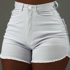 Оптовая продажа, сексуальные летние Женские однотонные джинсовые шорты с высокой талией и карманами