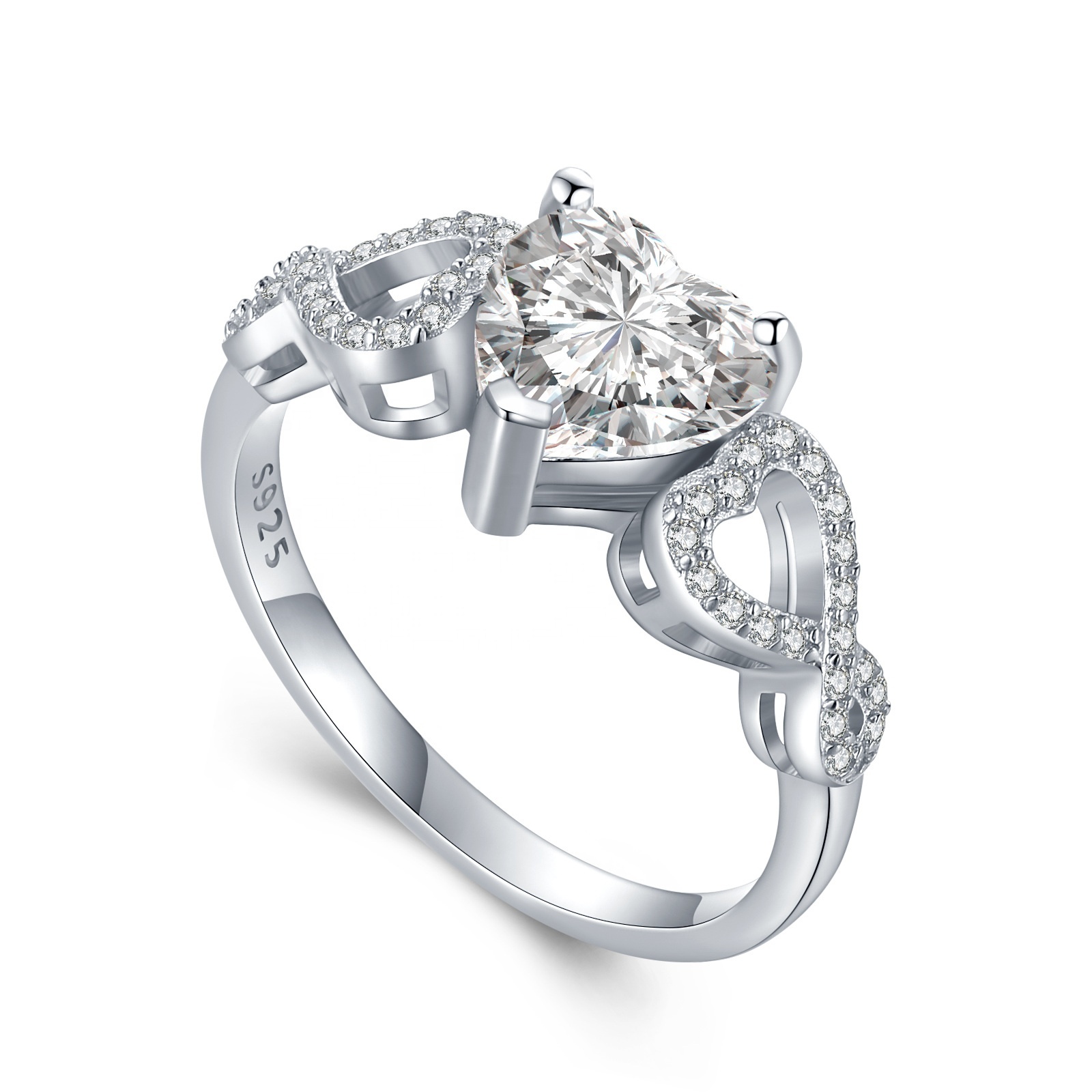 Anello Promessa Argento 925 Con Triplo Cuore E Zirconi Trasparenti - Misure 4-9