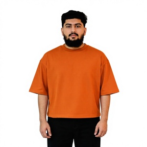 เสื้อยืดคอกลมสีส้มทรงโอเวอร์ไซส์สำหรับผู้ชาย แขนสั้น สีพื้น ผ้าเจอร์ซีย์ถัก 100% ผ้าฝ้าย สไตล์สตรีทแวร์ - Product Image 1
