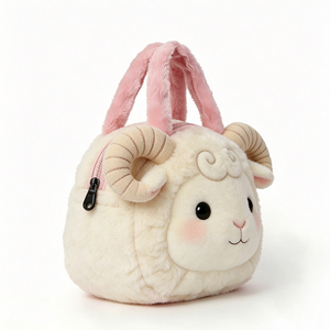 Customized Cream White Sheep Plush Handbag, Fluffy Ram Horn Tote Bag with <b>Pink</b> Fuzzy Handles, Cute Sheep <b>Purse</b> for Kids - Product Image 5