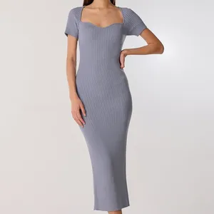 Fashion Elegant Custom Service USA Size Short Sleeve Ribbed Knit Bodycon Maxi Knit Dress