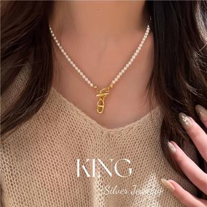 King Silver Jewelry Pearl <b>Necklace</b> S925 Sterling Silver Gold Plated OT Buckle Natural Freshwater AAA Grade Everyday Wear - Product Image 2