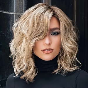 Parrucca Bob Corta Ondulata Ombré Bionda con Riga Laterale, Resistente al Calore, in <span class=keywords><strong>Capelli</strong></span> Sintetici, Direttamente dalla Fabbrica, per Donne Europee, Vendita all'Ingrosso - Product Image 1
