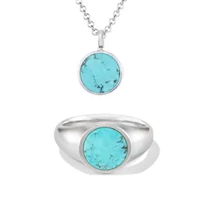 Gemnel personalized 925 silver rhodium plated natural turquoise men necklace ring set