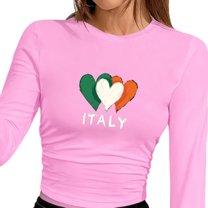 T-shirt en tricot à manches longues pour femme style Y2K avec imprimé cœurs entrelacés Italie, col rond, coupe classique, mélange de spandex et de polyester - Product Image 1