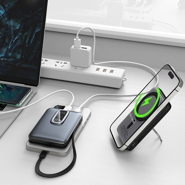PD 22.5W Magnetic Fast Charging Built in Cable Power Bank 10000mah 15W Wireless Powerbank With Digital Display and Holder