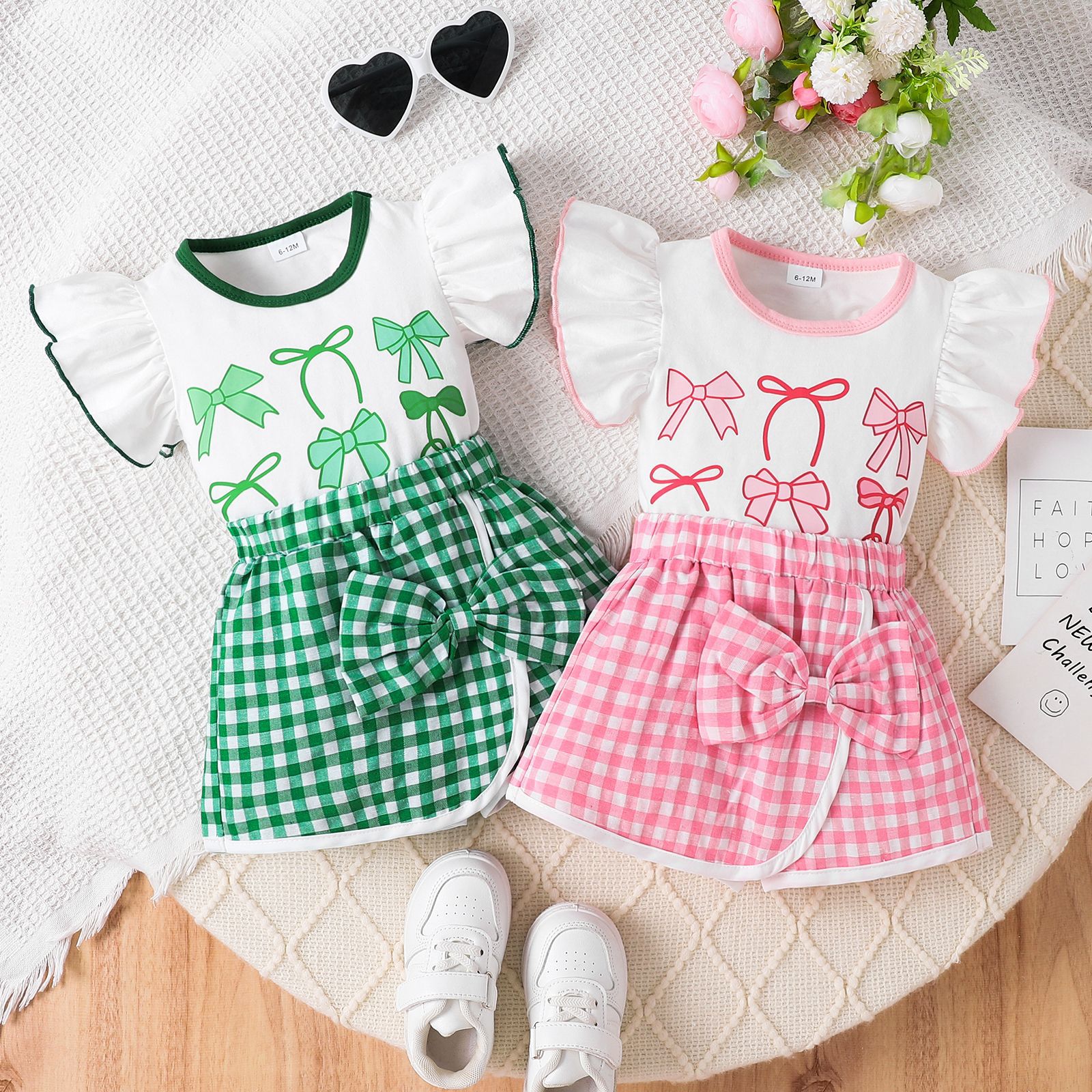 European and American Girls' Summer Suit Cute Short-Sleeved Top with Bow Print and Plaid Printed Shorts