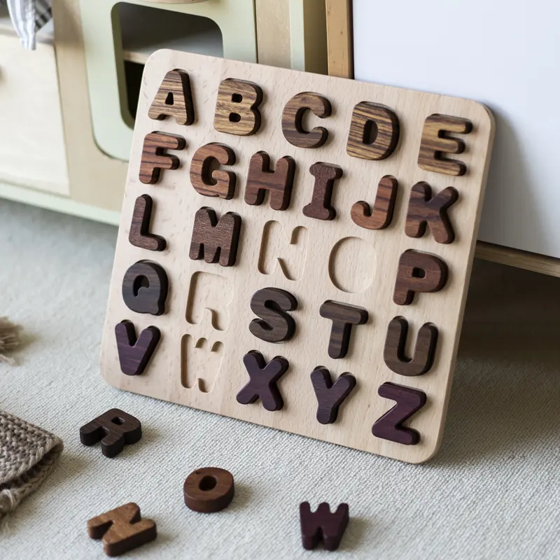 Placa de desenho de números de alfabeto em letras maiúsculas e minúsculas de madeira maciça natural, material educacional, brinquedos de aprendizagem e contagem de números