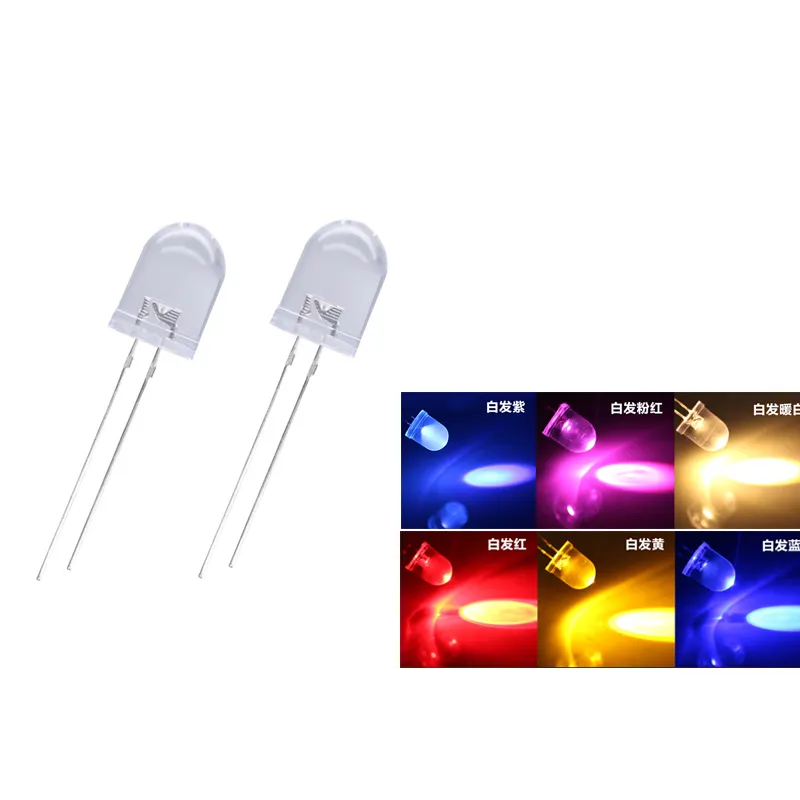 100pcs LED light emitting diode 10mm round transparent long leg white red blue green yellow straight insertion