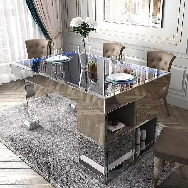 Moderne Luxe Spiegelende Eettafel Keukentafel Met Led Licht Glazen Blad Met Opslag