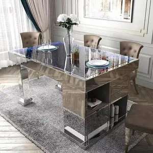 Odern-mesa de comedor de lujo con espejo, mesa de cocina con luz LED y tapa de cristal con almacenamiento