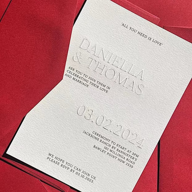 Custom High End Letterpress Embossed Wedding Invitations Greeting Card with Envelopes Art Paper Printed Products Custom Logo