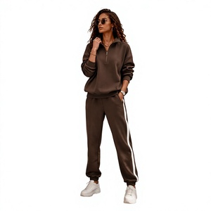 <b>Women's</b> Casual 2-<b>Piece</b> Tracksuit Set Solid Color Long Sleeve Zip-Up Top Side Stripe Sweatpants Full Length Regular Fit Winter - Product Image 1