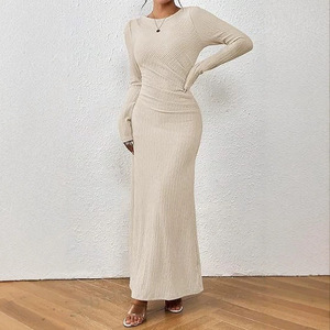Abito lungo da donna a maniche lunghe in <span class=keywords><strong>maglia</strong></span> a costine con scollo a barchetta, aderente, casual, per uscire, Collezione Autunno 2026 - Product Image 3