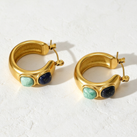 Boucles d'oreilles créoles personnalisées en laiton géométrique massif plaqué or avec fermoir en pierre naturelle Lapis-lazuli et turquoise