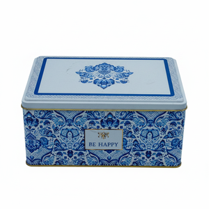 Kontensan ER0588L 170x260x100 mm Rectangular Metal Storage <b>Box</b> Slip <b>Lid</b> 5.1L Capacity Azulejo-Inspired Blue White <b>Decorative</b> - Product Image 2