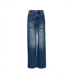 Jeans de Mezclilla Azul de Pierna Ancha Premium para Mujer, Cintura Alta, Corte Recto, Holgados, Casuales, a la Moda, con Logotipo Personalizado, Venta al Por Mayor - Product Image 1