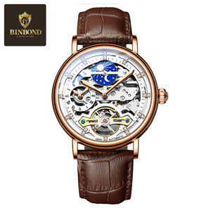 Binbond Men's Skeleton Mechanical Watch 44mm Automatic Tourbillon Dual Time Zone Leather Strap Round Dial - Product Image 5