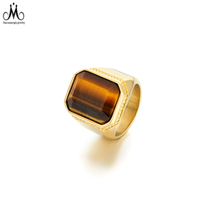 Bague en acier inoxydable avec pierre naturelle œil de tigre et <span class=keywords><strong>lapis</strong></span>-<span class=keywords><strong>lazuli</strong></span>, bijoux pour femme et homme, plaqué or 18 carats PVD, bague signet - Product Image 2