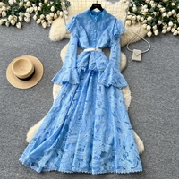 Robe longue élégante pour femme WIWT, rose, en dentelle, coupe trapèze, col montant, manches longues évasées, ceinturée, taille haute, décontractée, pour soirée
