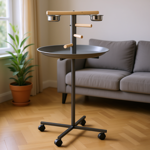 Support de mangeoire à oiseaux portable en acier inoxydable avec roulettes, plateau rond, perchoir gris pour perroquet, utilisation en intérieur - Product Image 2